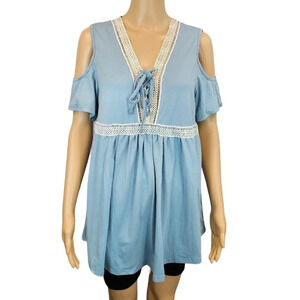 SHEIN CURVE 0XL Light Blue Peekaboo Shoulder Lace Detail Top